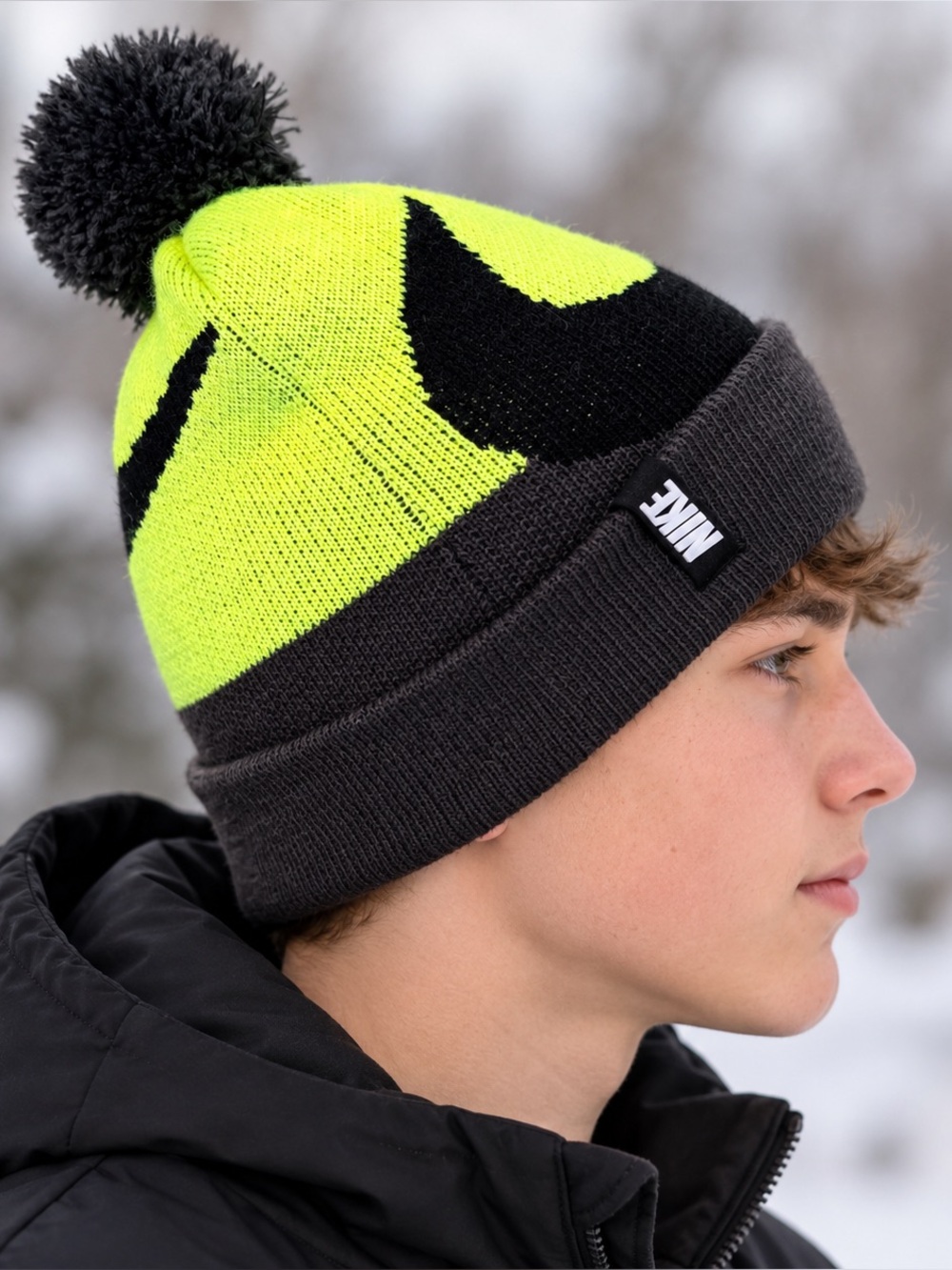 Nike Youth Neon Yellow Black Swoosh Pom-Pom Knit Winter Beanie Hat